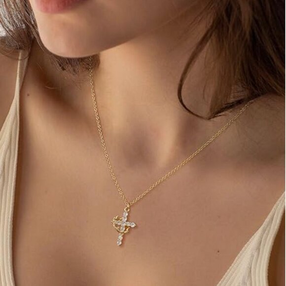 Sparkling Crown Gold Cross Pendant Necklace Christian Jewelry Gift for Women Men - Picture 7 of 8